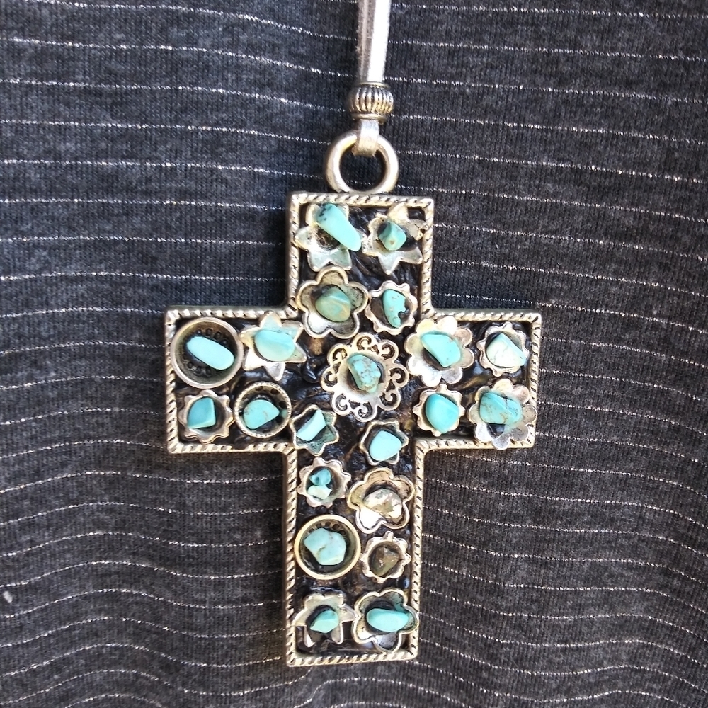 Reversible Silver Metal Cross Turquoise Necklace